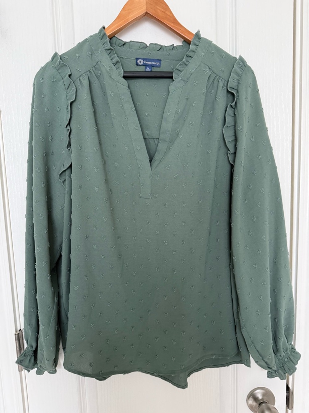 Democracy Dusty Green Ruffle V-Neck Blouse